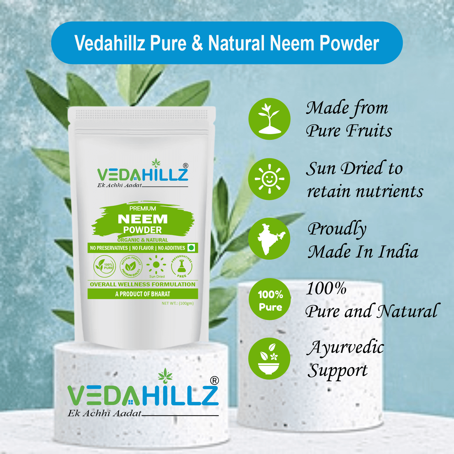 Vedahillz Neem Powder Made from Carefully Selected Neem Leaves